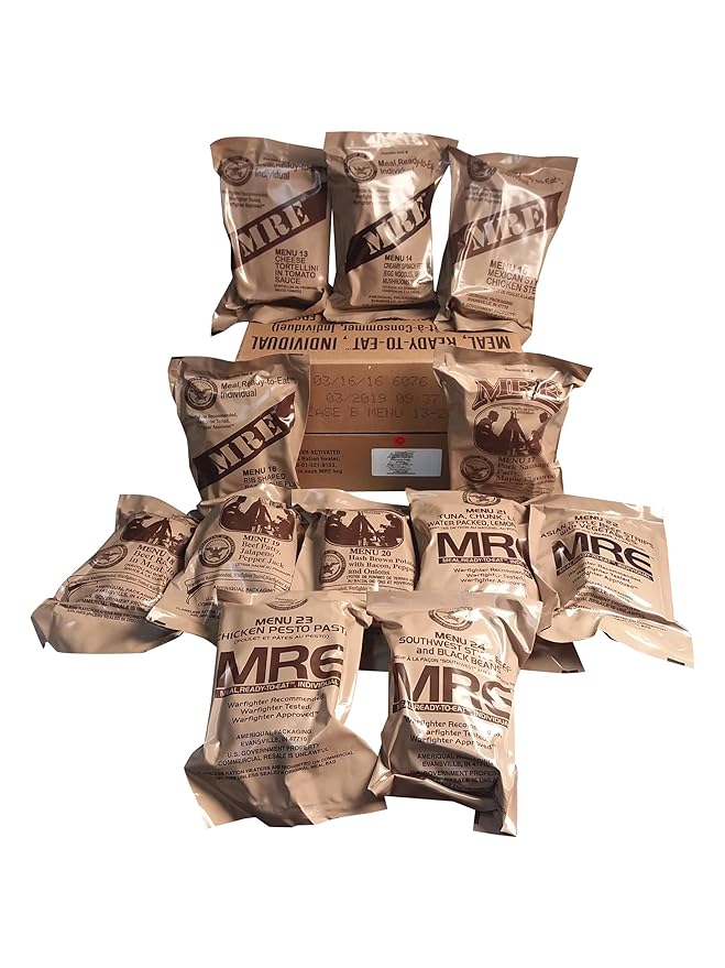 Meals Ready to Eat 2025, 2026 inspection A and B bundle cases. Genuine Military US surplus emergency food bulk supply full box with heater