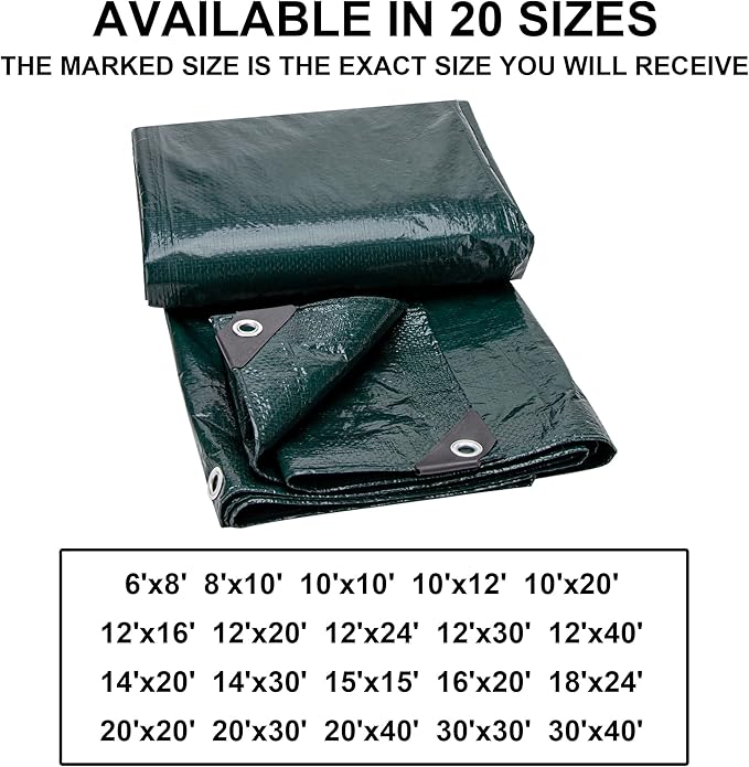 CARTMAN Finished Size 20x20 Feet Waterproof Green Tarp 8 Mil Thick, Multipurpose Protective Cover for Emergency Rain Shelter Camping Tarpaulin