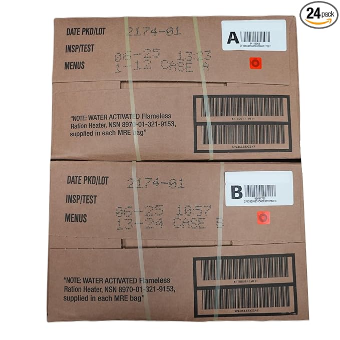 MRE Meals Ready to Eat – A & B Case Bundle (2 x 12 Packs) – 2025 Inspection or Better – Emergency Survival Food w/Flameless Heaters