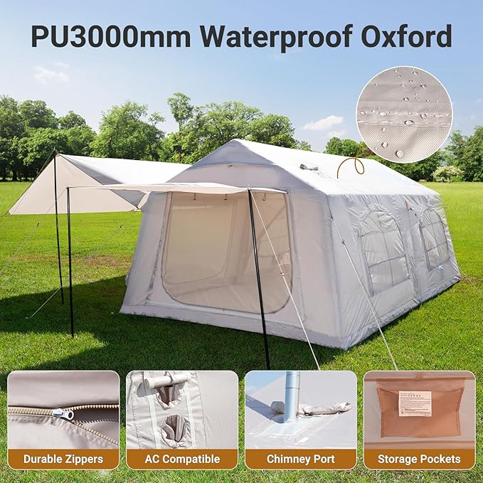ABORON 2/6/8/10/12 Person Inflatable Camping Tent, Easy Setup Blow Up Tent with Hand Pump, PU3000mm Waterproof & Breathable 4 Season Glamping Tent for Outdoor Camping