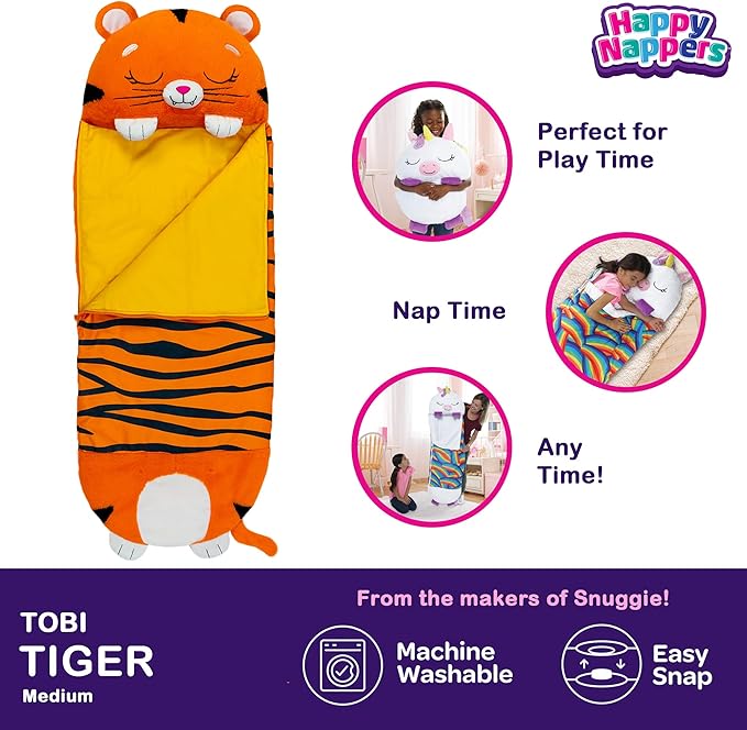 Happy Nappers: Pillow & Sleepy Sack: Large - Tiger Tobi - 66 x 30, 2-in-1: Plush Animal Opens Into Sleeping Bag, Soft Play & Nap Character, Kids 3+