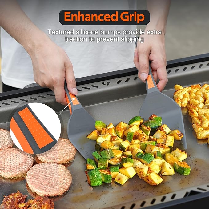 onlyfire 4PCS Non Stick Griddle Kits for Blackstone Grilling Utensil Set Barbecue Accessories Tool for Outdoor Camp Chef and Cooking Including Grill BBQ Spatulas, Griddle Scoop, Barbecue Tong