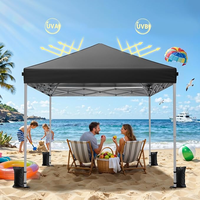 10x10 Pop Up Canopy Tent, Instant Setup Portable Canopy with Carry Bag, 4 Sandbags and 8 Stakes for Outdoor Events, Parties & Camping - Black
