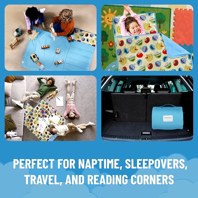Jay Franco Kids Nap Mat with Embedded Pillow & Blanket – Soft 46"x20" Microfiber Sleeping Bag with Name Tag & Handle for School, Travel, Sleepover