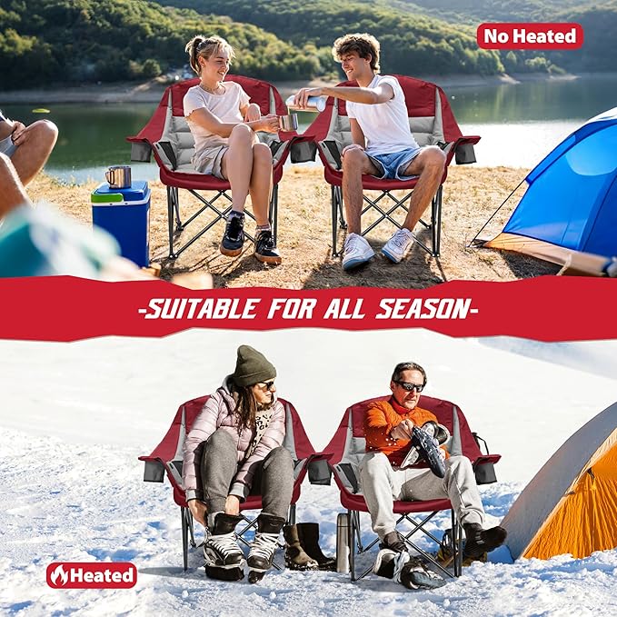 Heated Camping Chair, 3 Heat Levels Oversized Padded Lawn Chair with Side Pockets and Cup Holder, Outdoor Heating Folding Camp Chair for Adults, Fishing, Sports, Picnic, up to 500lbs, Style 3
