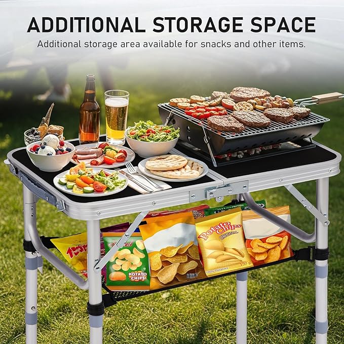 VINGLI Small Folding Table Portable 2FT Aluminum Foldable Camping Table for Picnic Card Table with 3 Adjustable Height & Carry Handle for Outdoor Indoor Hiking Camp BBQ Beach-Black