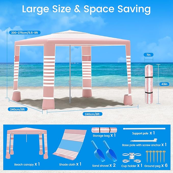 MoKo Beach Cabana, 8'×8' Large Beach Canopy with Side Wall, UPF 50+ Protection Easy Setup Beach Tent Sun Shelter, Adjustable Height Wind Resistant Cabana Beach Tent for Whole Family, Pink Stripe
