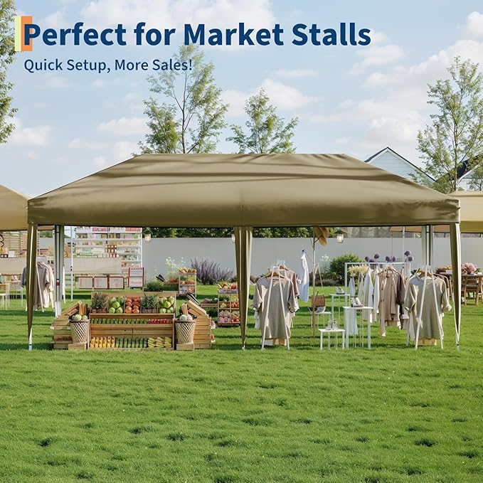 10x20 Pop Up Canopy - Easy Up Camping Tent with One Roller Bag, 3 Adjustable Height, 4 Weight Bags for Deck, Garden, Sports, Beach, Party - Tan