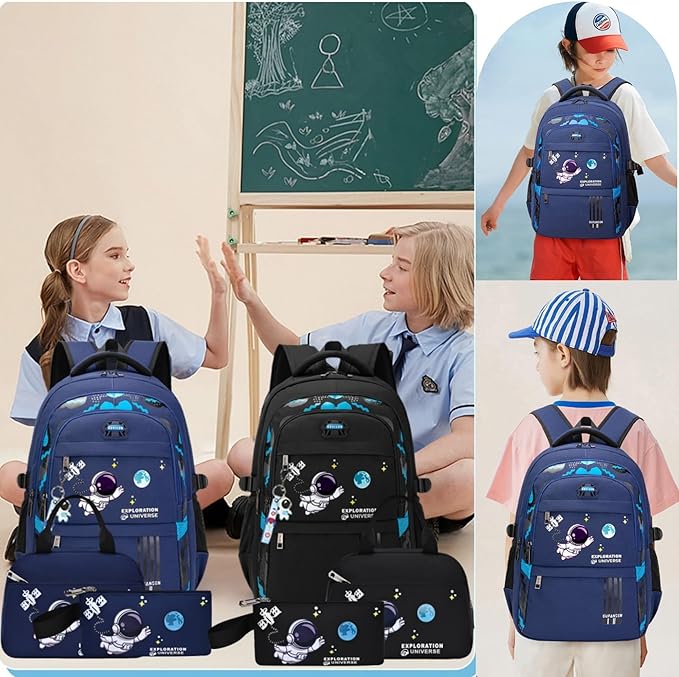 ZHANAO Backpack Set for Boys Astronaut Schoolbag with Lunch Box Pencil Case Set Bookbags for Kids Children Waterproof Lightweight Backpacks
