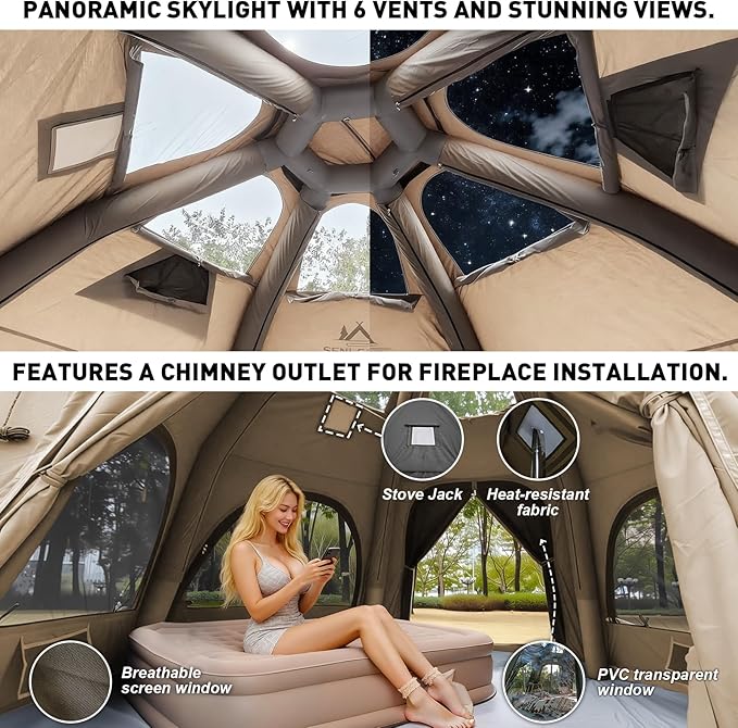 8/10/12 Person Large Inflatable Tents for Camping, 4 Season Blow Up Tents with Canopy/Rainfly, Luxury Inflatable Tent House with Stove Jack, Easy Setup Inflatable Camping Tent.