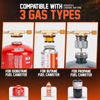 3500W Camping Stove, Backpacking Windproof Camp Stove with Piezo Ignition Carrying Case and 2 Additional Adapters, Compatable with Isobutane, Propane, Butane Tanks, Portable and Collapsible