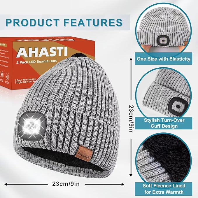 Beanie with Light for Men 2 Pack, Hat with Light Built in Rechargeable Winter Warm Knitted Headlamp Caps, Gift for Men Dads Husband Led Beanie Hats with Light(Black&Light Gray)