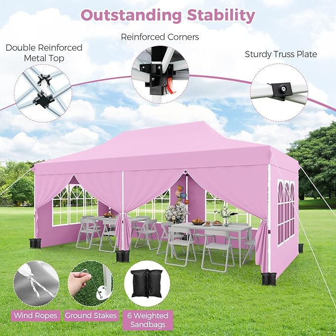Tangkula 10x20 Ft Pop Up Canopy, UPF 50+ Portable Outdoor Canopy Tent with with 6 Removable Sidewalls, 6 Sandbags, 2 Zippered Door, Windows, Carrying Bag for Party, Wedding, Backyard