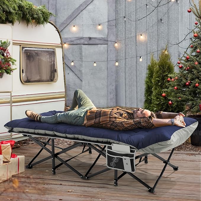 Portable Camping Cot, 32" Extra Wide Camping Cots for Everyone with Thick Cushion, Heavy Duty Sleeping Cot Holds Up to 600LBS, Cots for Sleeping, Rv, Beach, Patio, Office Naps(Blue)