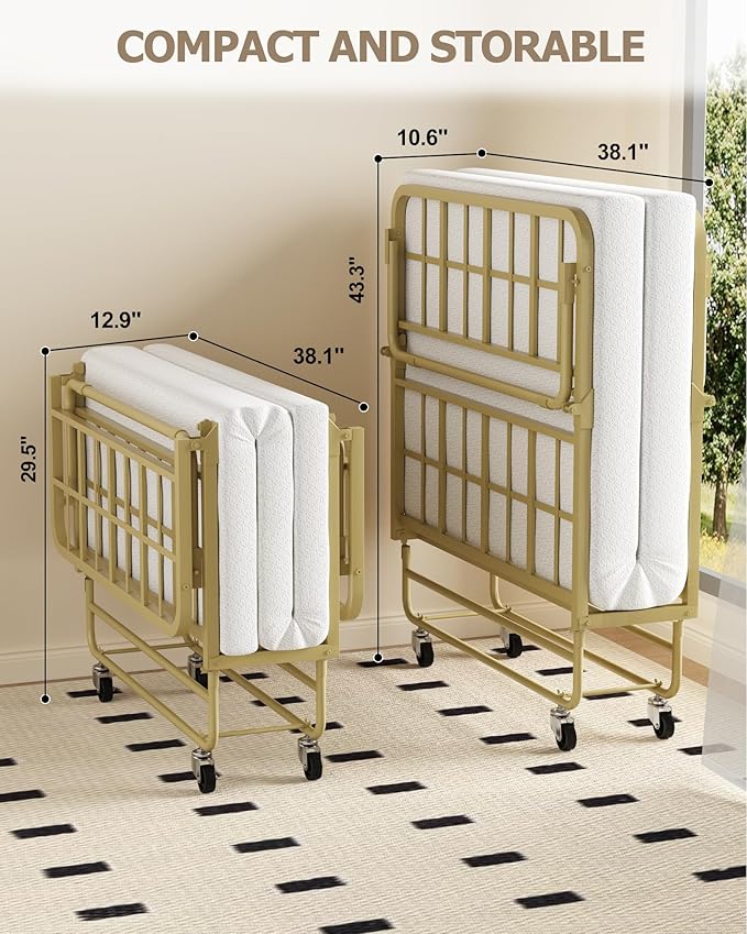 Zenzy Twin Folding Bed with Mattress, CertiPUR-US Certified 4" Mattress Topper & Sturdy Metal Frame, Fold Up Bed for Guest/Bedroom/Office/Camp, 75" x 38", Gold