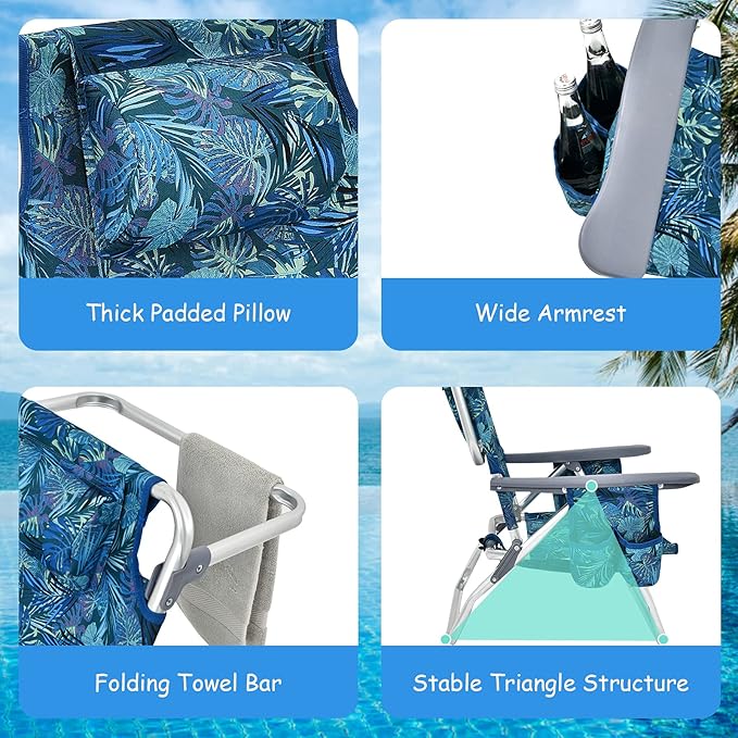 Goplus Beach Chair, Folding Backpack Beach Chairs for Adults with 5 Positions, Head Pillow, Cooler Bag, Towel Bar, Cup Holders, Sunbath Sling Tanning Lounge, Foldable Layout Camping Chairs