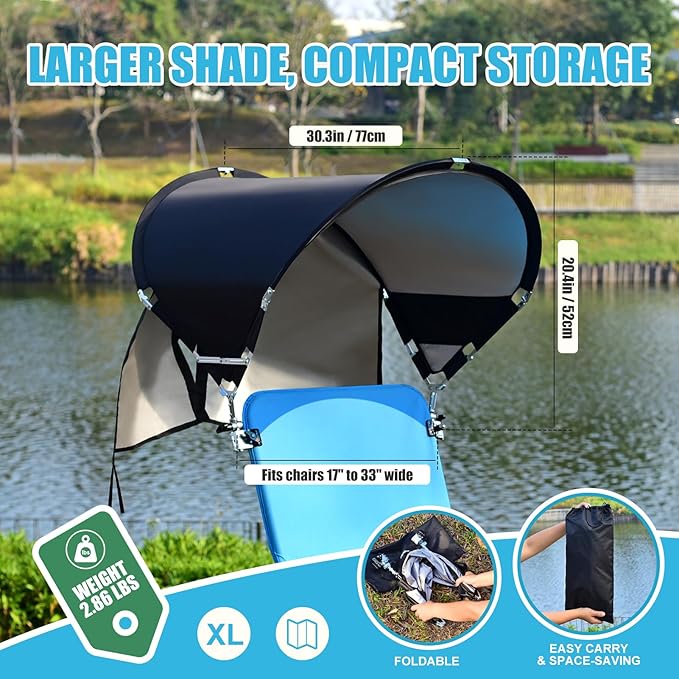 XL Universal Beach Chair Umbrella Canopy, UPF 50+ Chair Sun Shade Attachment with Adjustable Clamp for Camping, Lawn, Wheelchair, Tanning, Zero Gravity, Lounge, Outdoor Chairs, Oversized, 2 Pack