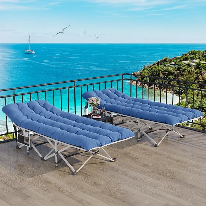 YITAHOME 2 Pcs Camping Cots w/Mattress Portable Lounge Chair Outdoor Folding Cot Heavy Duty 575 LB Capacity 1200D Oxford w/Carry Bag Travel Camp Bed for Camping, Office, Traveling, Navy Blue