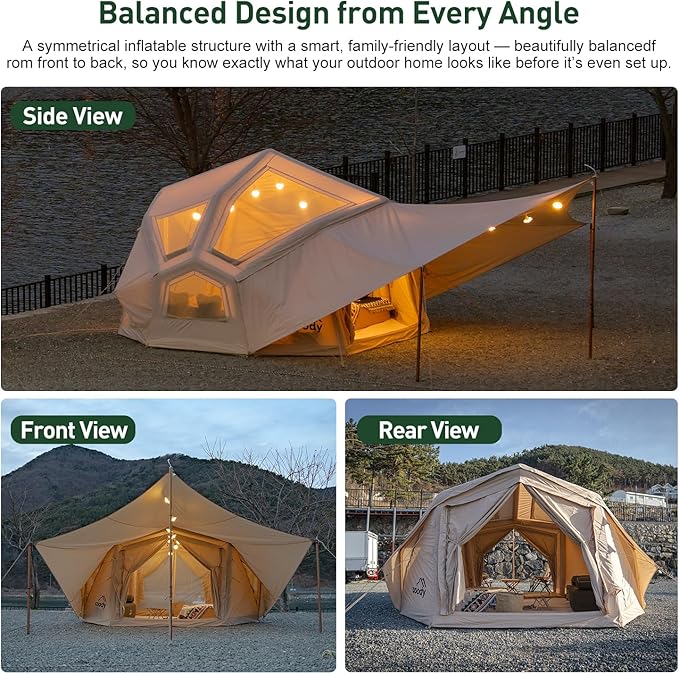 Coody Inflatable Canvas Camping Tents with Stove Jack – Premium Air Beam Family Glamping Tent, Breathable Cotton Canvas, Fast Setup Air Tent with Pump