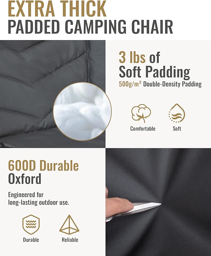 KingCamp Oversized XL Camping Chair, Heavy Duty 500lbs Folding Couch for Adults, Padded Large Comfortable Sofa Seat with Cooler Bag Cup Holder for Outdoor Sports Fishing Patio Lawn