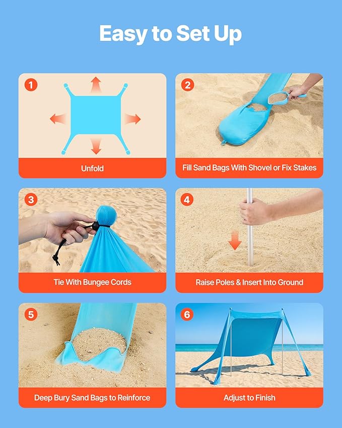 VEVOR Beach Tent Sun Shelter, UPF50+ Sun Protection, 6.6 ft Tall, 11 x 11 ft, Easy Pop Up Beach Canopy with Sandbags, Stability Poles, Sand Shovels, Portable Shade for Family Outings, Camping, Fishing