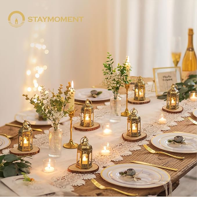 Mini Lanterns with Remote Control: 10 Pcs Gold Lantern with Timer Dimmer Table Centerpieces Decorations for Ramadan Wedding Party Camping Decor
