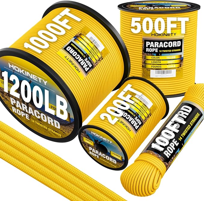 1200 Paracord Rope - 4.4mm 14 Strand Nylon Parachute Spool para Cord Lanyard for Outdoor Camping Survival Utility Tent Crafting DIY Projects Fishing Clothsline Bracelet - Yellow 200FT