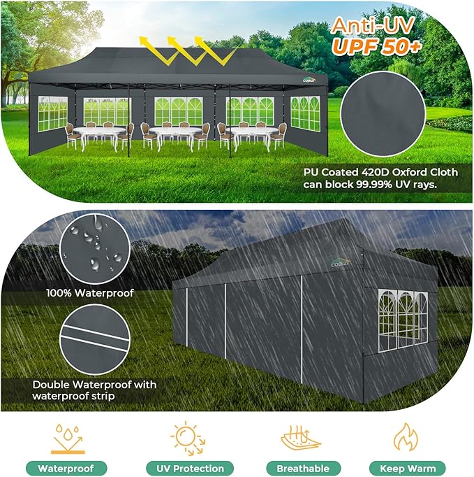 COBIZI Heavy Duty 10x30 Party Tent, Commercial 10x30 pop up Canopy for Parties Waterproof Gazebos with 8 Sidewalls, All Season Wind & Waterproof UPF50+,Stable Thickened Frame