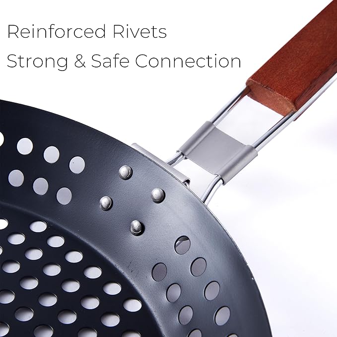 12-Inch Kozmatik Grill Pan Stovetop Turkish - Black Non-Stick Carbon Steel Grill Basket Vegetable with Handle | Vegetable Charring Pan for Stovetop & Grill