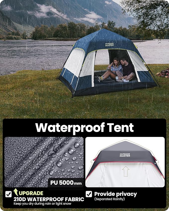OutdoorMaster Updated Camping Tents, 4/6 Person Camping Tent with Blackout Shelter Technology, Easy Setup in 60 Seconds, Weatherproof Pop Up Tent with Top Rainfly, Instant Cabin Tent
