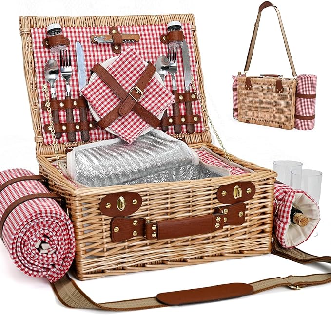 Picnic Basket with Blanket and Wine Pouch for 2, Wicker Picnic Set with Insulated Liner Cooler Bag Hamper for Camping,Wedding - Red Gingham