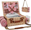 Picnic Basket with Blanket and Wine Pouch for 2, Wicker Picnic Set with Insulated Liner Cooler Bag Hamper for Camping,Wedding - Red Gingham