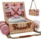Picnic Basket with Blanket and Wine Pouch for 2, Wicker Picnic Set with Insulated Liner Cooler Bag Hamper for Camping,Wedding - Red Gingham