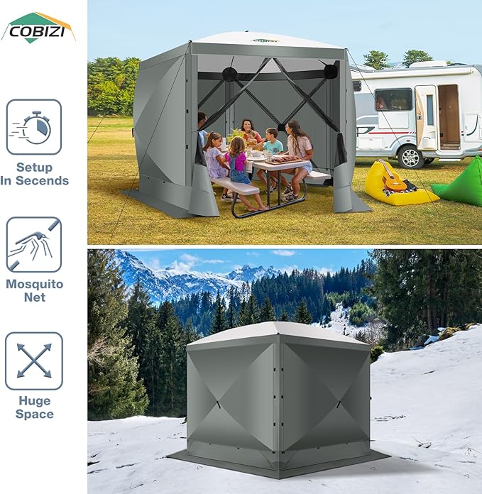 COBIZI Pop Up Gazebo Screen Tent Screen House for Camping, 10x10 Screen Room with Mosquito Netting, Hub Tent Instant Screened Canopy with Carrying Bag and Ground Stakes, Gray