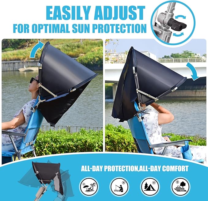 Universal Chair Umbrella Canopy, UPF 50+ Chair Sun Shade Attachment with Adjustable Clamp Fits Most Brands’ Beach, Camping, Lawn, Wheelchair, Tanning, Zero Gravity, Lounge, Fishing Chairs, 2 Pack
