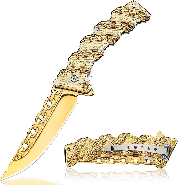 NedFoss CHAIN Pocket Knife Gifts for Her, Mothers Day Christmas Valentines Day Gifts for Women Mom Dad Wife Husband, 3.5 inch Personalized Folding Cool knives with 3D Pattern Handle, Camping Knife for Hunting Hiking (Gold)