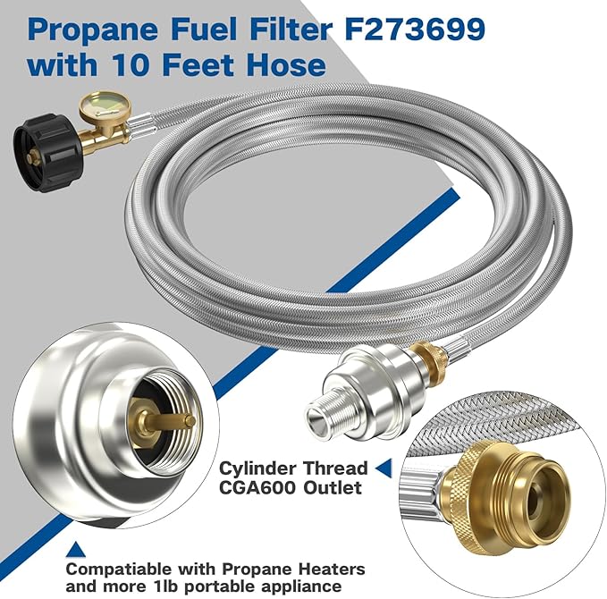 10FT Stainless Braided Propane Adapter Hose with Gauge, Adapter Hose with QCC1/Type1 Adapter Connect 20-45 lb Propane Tank (10FT Extension Hose/Propane Fuel Filter) for Heater and gas appliances