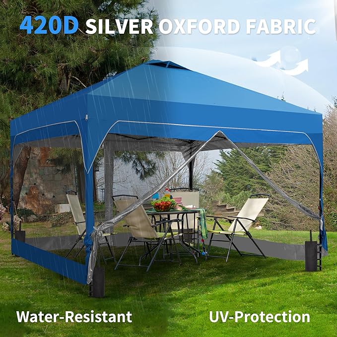 GDY 8x8 FT Pop Up Canopy Tent with One Push Setup,Setup Gazebo with 4 PVC Transparent Sidewalls,Easy Carry for Events, Parties, Camping, Blue