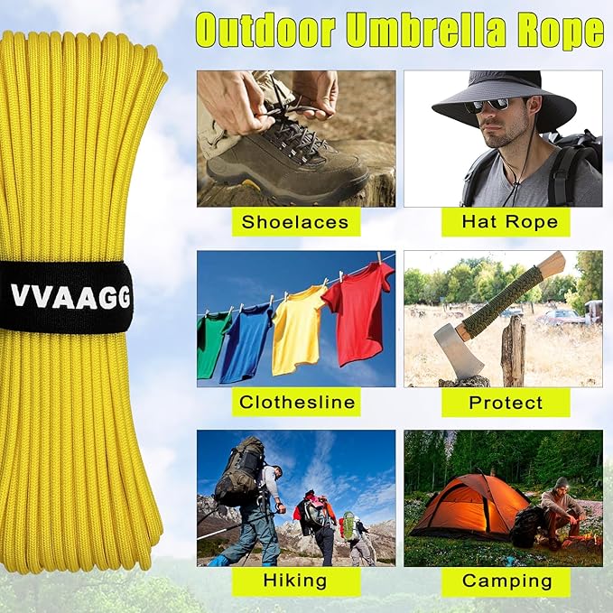 VVAAGG 1000 Yellow Paracord 100FT Utility Parachute Cord 4mm Nylon String12 Strand Nylon Camping Rope, Tent Rope, Clothsline Rope for Survival & Camping Gear