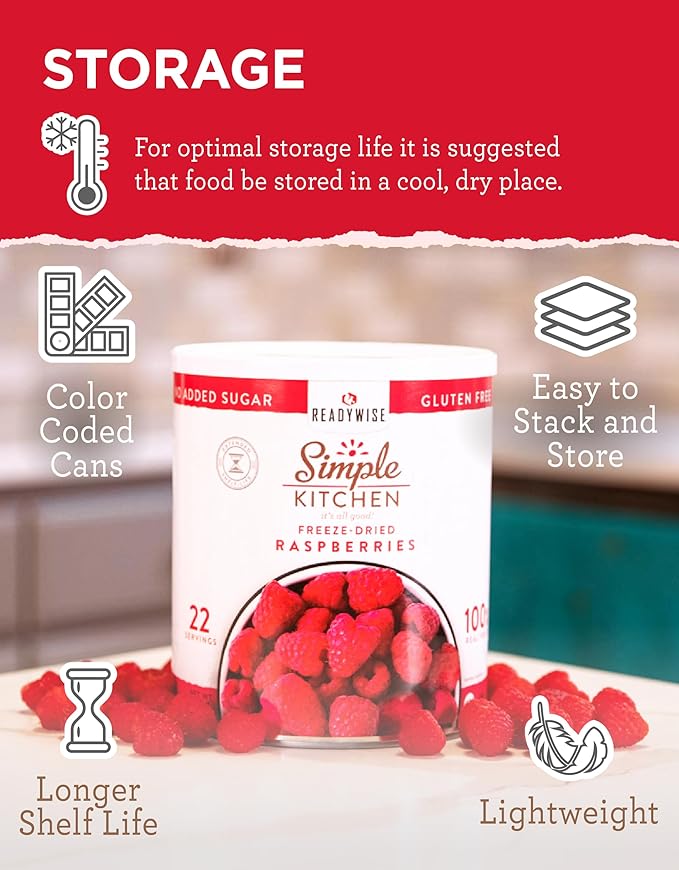 READYWISE - Simple Kitchen Freeze Dried Raspberries, 22 Servings, Vegan, Gluten Free, Healthy Snack, Survival Food, Dried Fruit, Raspberries (Pack of 2)