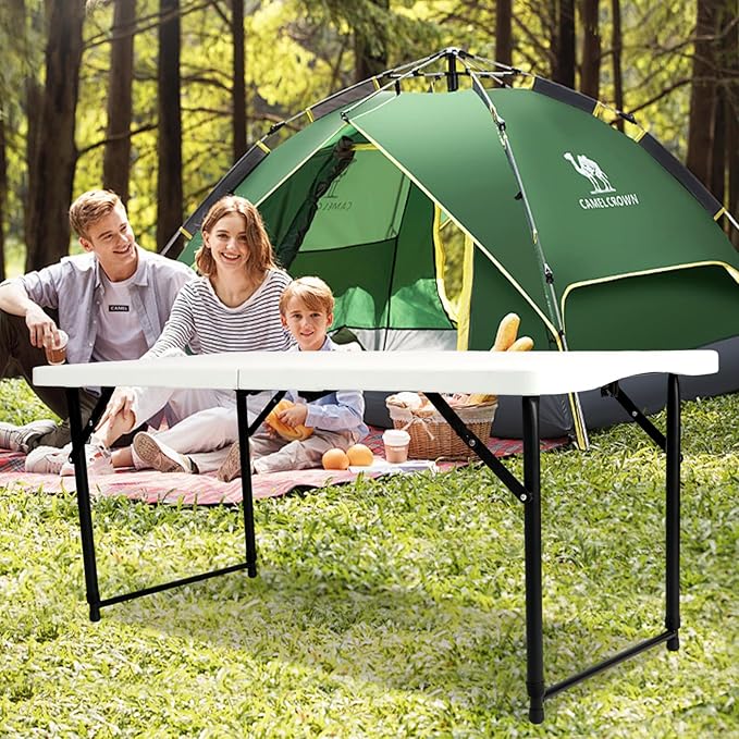 4FT Adjustable Height Folding Camping Table - Portable Foldable Small Table with Metal Frame & Plastic Top, Ideal for Outdoor Picnic, Indoor Dining & Events