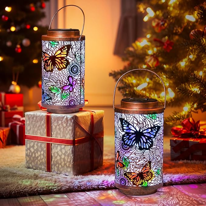 2Pack Solar Outdoor Lanterns Waterproof Butterfly Garden Gifts for Women, Multicolor Solar Outside Lights Lantern for Yard, Backyard, Porch, Mothers Day Gifts for Mom Grandma Wife