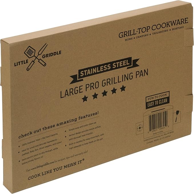 LITTLE GRIDDLE GT-525 Grill Pan and Grill Basket Set, High Sidewalls with Built-in Handles, Stainless Steel & Vented Design - Silver