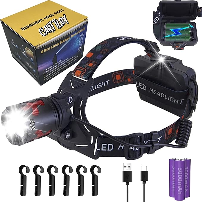 LED Headlamp Rechargeable, Head Lamp Super Bright 180000 High Lumen 9000mAh with 5 Modes, Fast Charge Batteries Zoomable, Waterproof Headlight Camping Hunting Running Fishing Biking