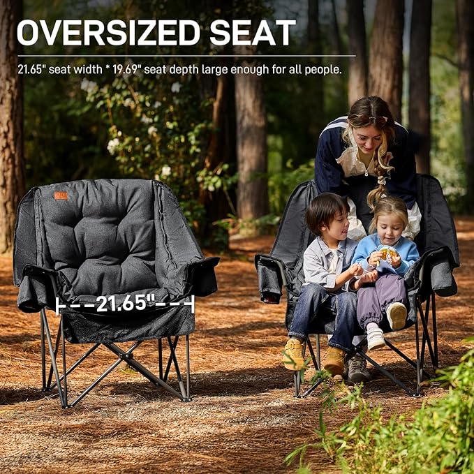 EVER ADVANCED XL Camping Chair with Detachable Cushion, Mesh Chair for Adults Foldable, Oversized Heavy Duty Folding Chair with Cooler Mesh Pocket Cupholder Outdoor Fishing, Supports 400LBS Black