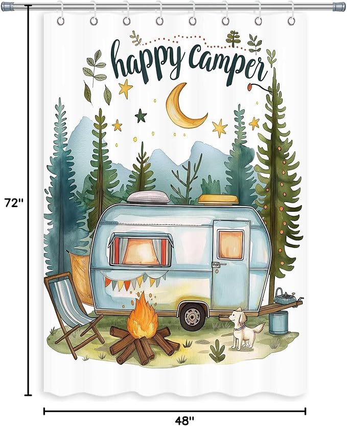 Happy Camper Small Stall RV Shower Curtain Rustic Tree Mountain Adventure Tent Camping Bathroom Curtains Travel Trailer Bathroom Accessories Set with Hooks 48 x 72 Inches