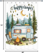 Happy Camper Small Stall RV Shower Curtain Rustic Tree Mountain Adventure Tent Camping Bathroom Curtains Travel Trailer Bathroom Accessories Set with Hooks 48 x 72 Inches