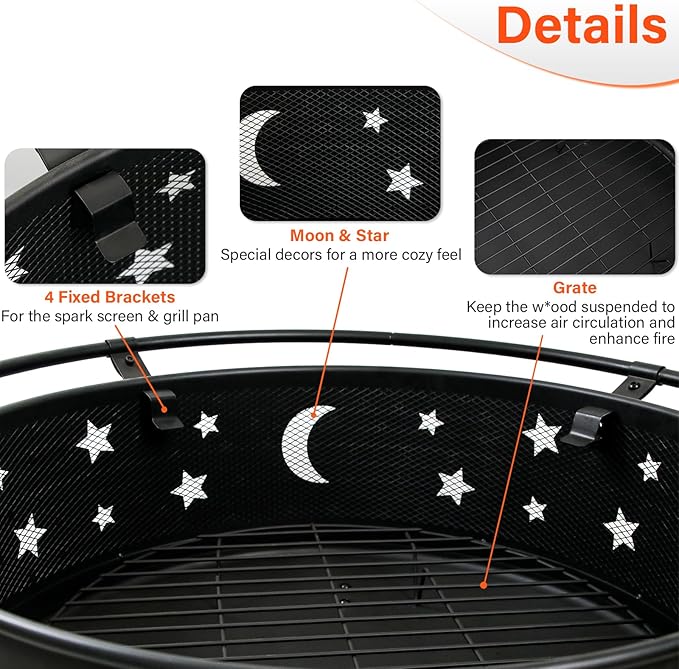 32 Inch Fire Pit Outdoor Fireplace, 2 in 1 Metal Round Firepit for Outside Bonfire Party, BBQ, Camping, Backyard, Patio, Garden, Picnic w/Fire Poker, Spark Screen, Grate, Cover (Moon&Star)
