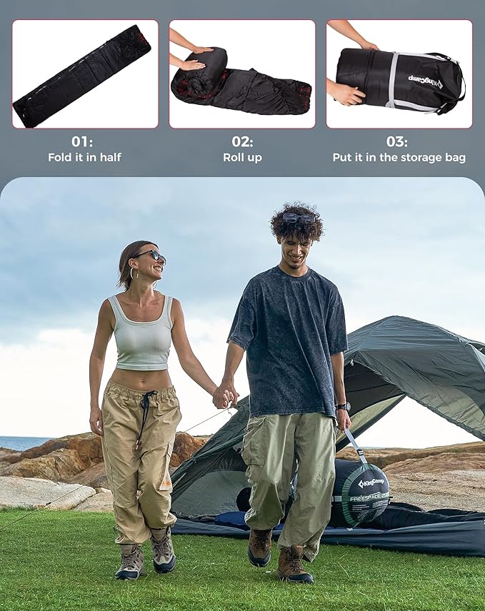 KingCamp Double Sleeping Bag for Adults, Queen Size 2 Person XXL Flannel Sleeping Bag, Waterproof Lightweight Flannel Quilt with 2 Pillows, Perfect for Couples Family Camping Hiking