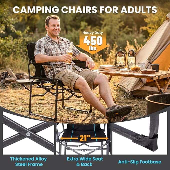 FUNDANGO Oversized Folding Chairs for Outside, Fully Padded Camping Director Chair for Adults, Support 450lbs Portable lawn chairs with Side Table, Side Pockets for outdoor Camp, Picnic, Lawn, Concert